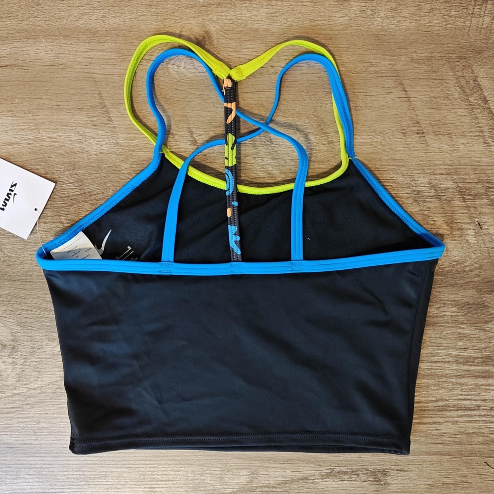 Nike Kids Girls Swim Top Crop Black Blue Pink Neon Green Heart Logo Size L - Picture 2 of 10